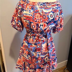 LOFT Vibrant Red and Blue off shoulder dress